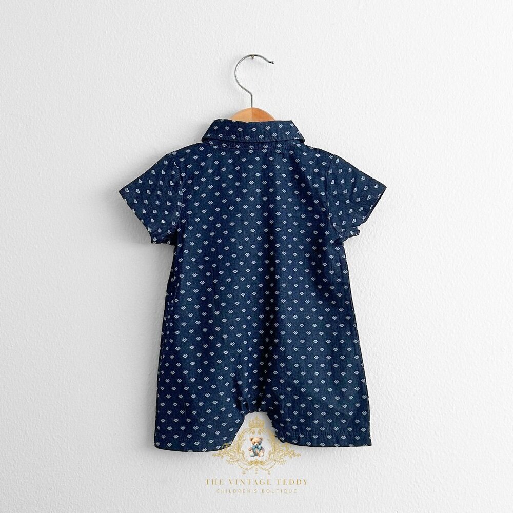 NWT Cute Boys Oxford Short Sleeve One-Piece Romper Shorts Navy Blue & White 9M - Picture 2 of 3
